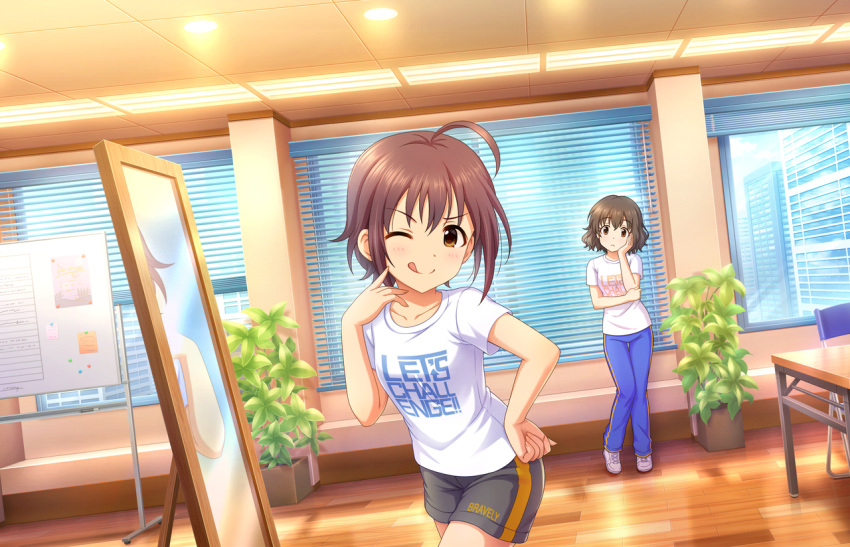 black_eyes black_hair blush idolmaster_cinderella_girls_starlight_stage shirt short_hair smile wakiyama_tamami wink