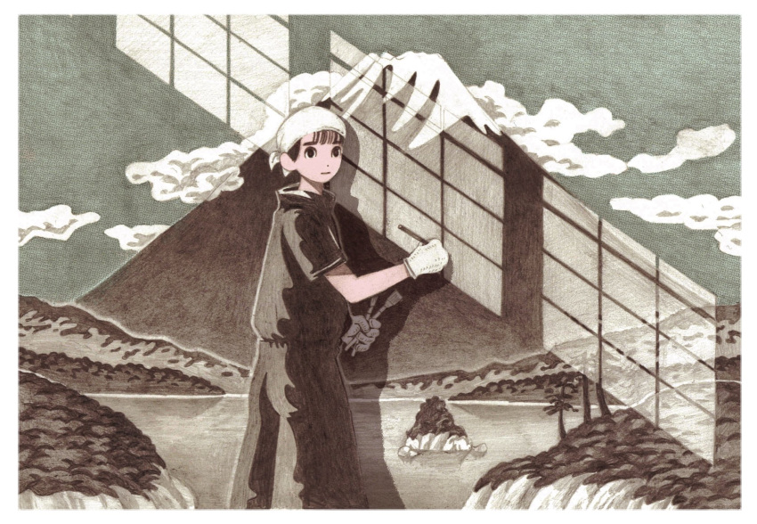 ambiguous_gender bangs black_eyes black_shirt clouds commentary_request feet_out_of_frame gloves highres mount_fuji original paintbrush painting satsuki_kometani shadow shirt short_sleeves solo standing white_gloves