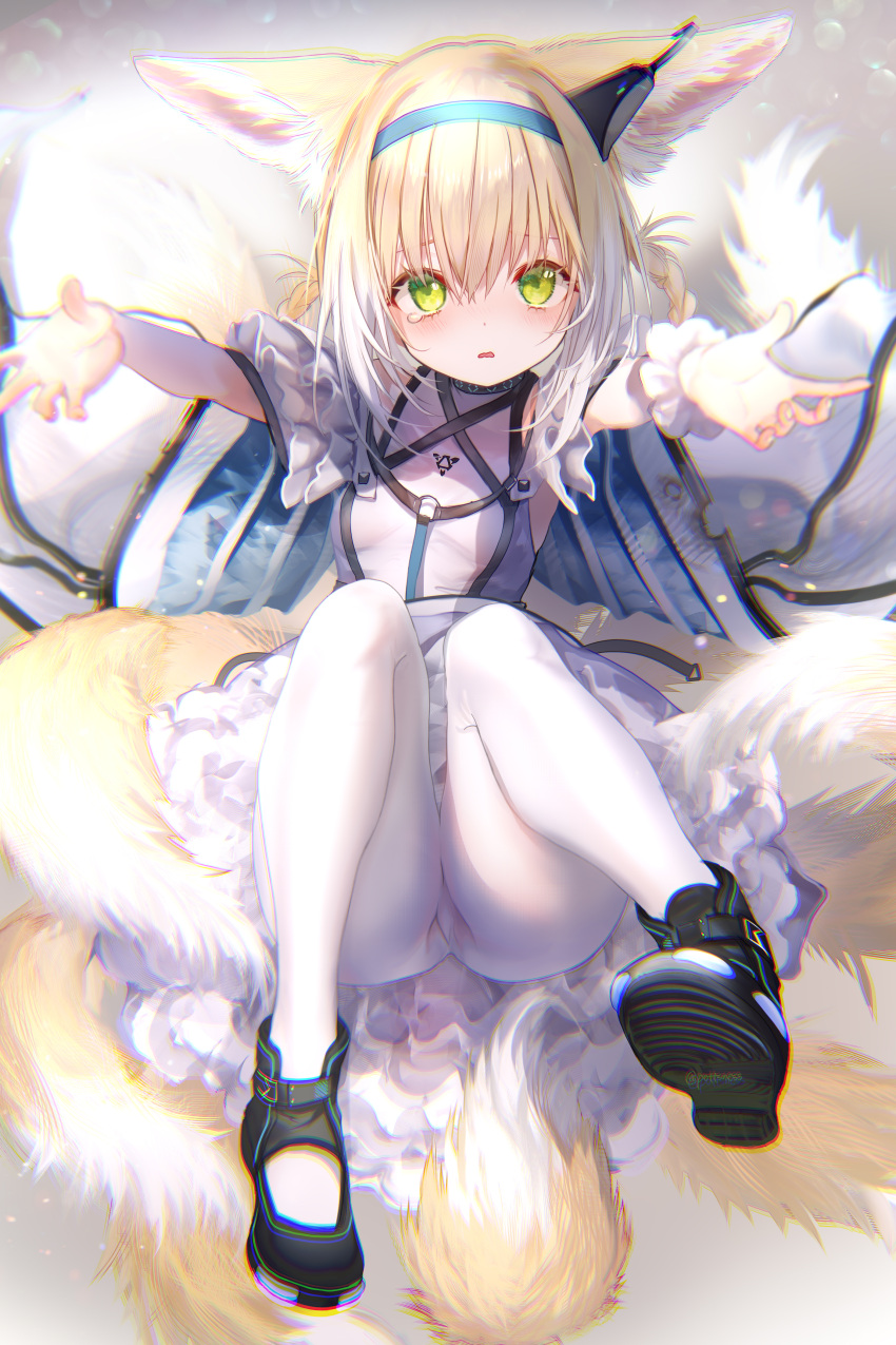 1girl absurdres animal_ear_fluff animal_ears arknights bangs bare_shoulders black_footwear blonde_hair blue_hair blush braid breasts clothing_cutout commentary_request eyebrows_visible_through_hair frilled_skirt frills gradient_hair green_eyes hair_between_eyes hair_rings highres looking_at_viewer multicolored_hair multiple_tails outstretched_arms pantyhose parted_lips pottsness purple_skirt shoe_soles shoes short_sleeves shoulder_cutout skirt small_breasts solo suzuran_(arknights) tail tears white_hair white_legwear wrist_cuffs