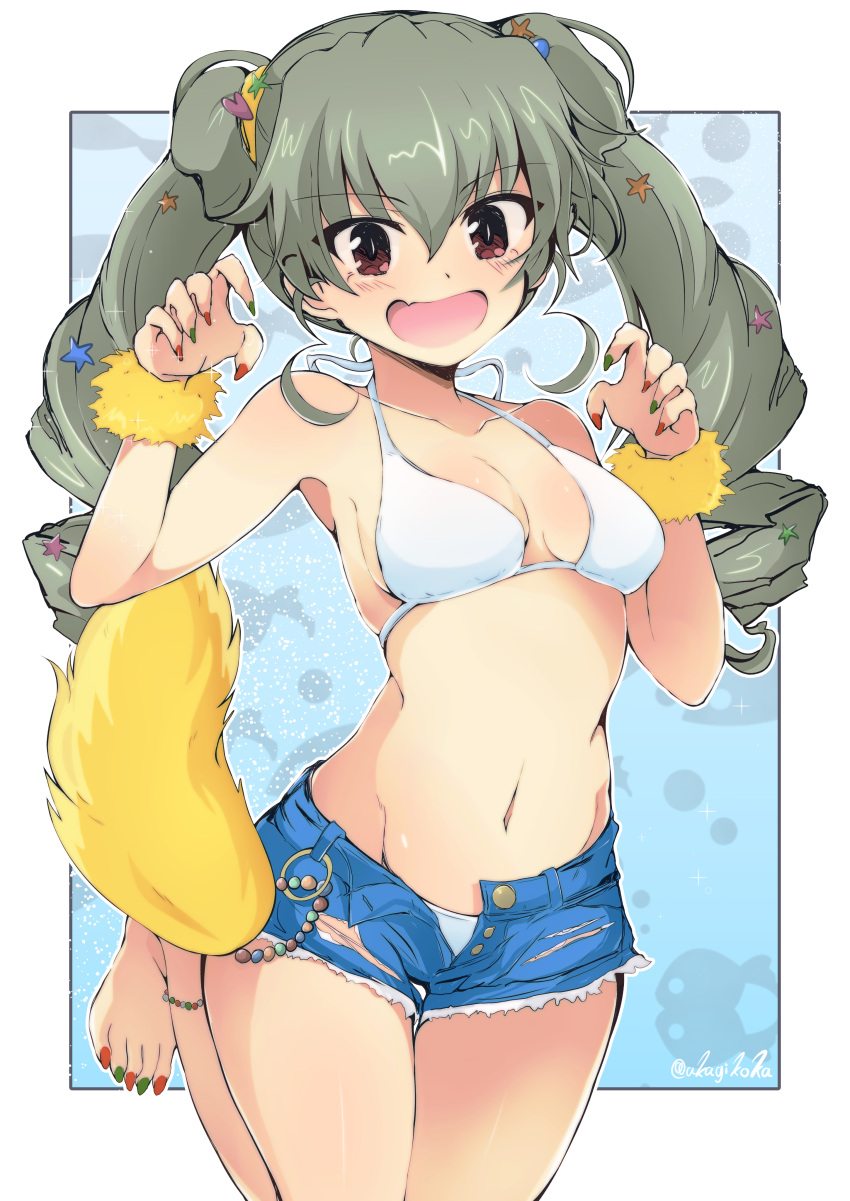 1girl absurdres alternate_hairstyle anchovy_(girls_und_panzer) bad_id bad_twitter_id bangs barefoot bikini black_border blue_shorts border breasts claw_pose commentary cowboy_shot cutoffs denim denim_shorts double_bun drill_hair eyebrows_visible_through_hair fang getsumen_suibaku_ver._a(c) girls_und_panzer girls_und_panzer_senshadou_daisakusen! green_hair green_nails groin hair_ornament heart heart_hair_ornament highres leg_up long_hair looking_at_viewer medium_breasts multicolored multicolored_nails nail_polish navel open_fly open_mouth outside_border red_eyes red_nails scrunchie short_shorts shorts skin_fang smile solo sparkle standing standing_on_one_leg star_(symbol) star_hair_ornament swimsuit toenail_polish twin_drills twintails twitter_username white_bikini wrist_scrunchie yellow_scrunchie