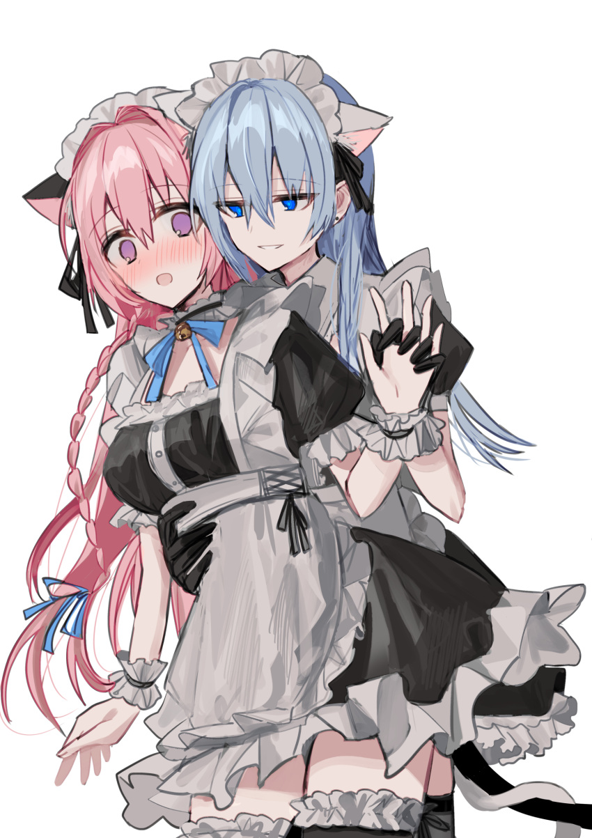 2girls absurdres alternate_costume animal_ears apron bangs bell black_dress black_gloves black_legwear blue_bow blue_eyes blue_hair blue_ribbon blush bow braid breasts cat_ears cat_girl cat_tail chihuri commentary_request dress enmaided eyebrows_visible_through_hair frilled_apron frilled_dress frilled_gloves frilled_legwear frills gloves hair_between_eyes hair_ribbon highres jingle_bell kemonomimi_mode maid maid_headdress medium_breasts multiple_girls neck_bell nose_blush open_mouth original parted_lips pink_hair puffy_short_sleeves puffy_sleeves ribbon short_sleeves simple_background smile tail thigh-highs violet_eyes white_apron white_background wrist_cuffs yuri