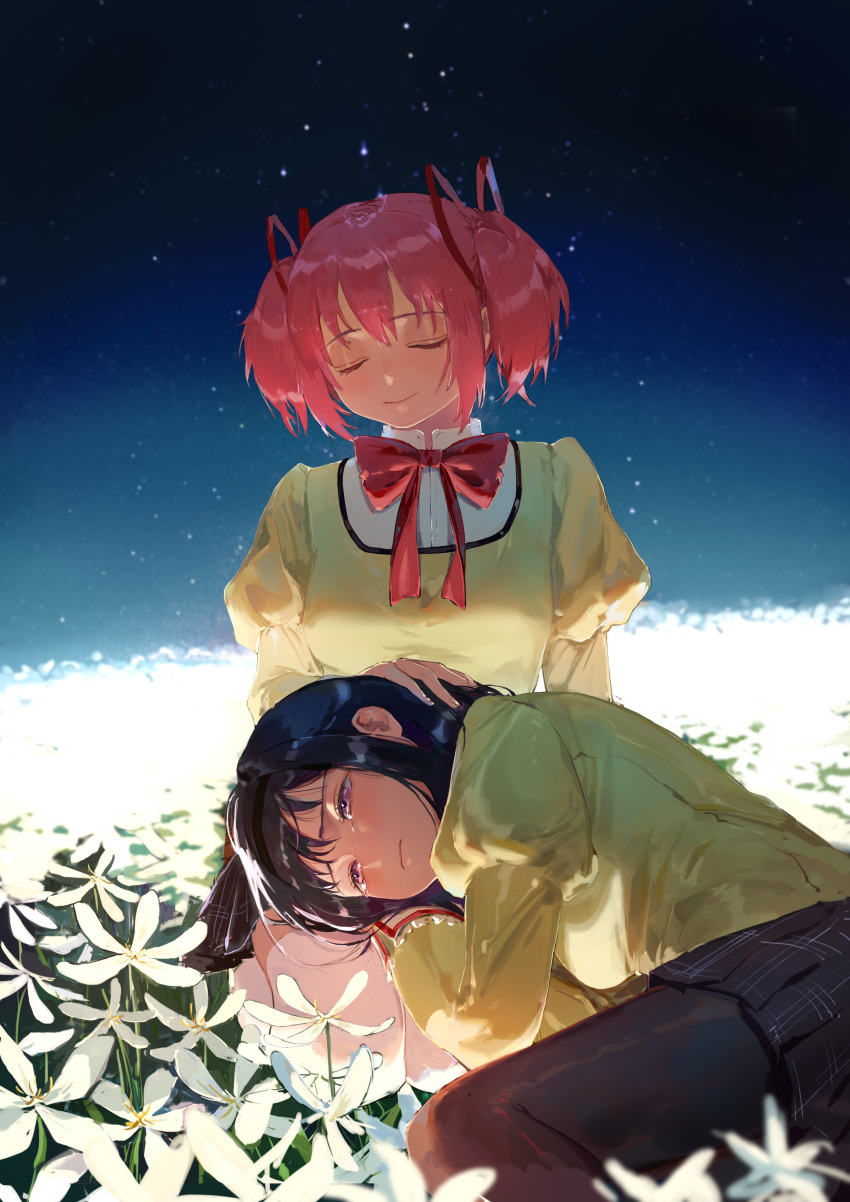 2girls absurdres akemi_homura arm_at_side black_hair black_hairband black_legwear black_skirt blurry blurry_background breasts closed_mouth colored_eyelashes commentary crying crying_with_eyes_open eyelashes facing_viewer field fingernails flower flower_field full_body furrowed_eyebrows glowing glowing_flower hair_ribbon hairband half-closed_eyes hand_on_another's_head hand_on_another's_leg head_rest high_collar highres juliet_sleeves kaname_madoka lap_pillow light light_smile long_hair long_sleeves looking_afar lying mahou_shoujo_madoka_magica mahou_shoujo_madoka_magica_movie multiple_girls nature neck_ribbon night night_sky on_side outdoors pantyhose pink_hair plaid plaid_skirt puffy_sleeves red_neckwear red_ribbon ribbon sad scenery school_uniform seiza shiny shiny_hair short_twintails sideboob sitting skirt sky small_breasts star_(sky) starry_sky streaming_tears symbol_commentary tamomoko tareme tears thigh-highs twintails uniform violet_eyes white_flower white_legwear zettai_ryouiki