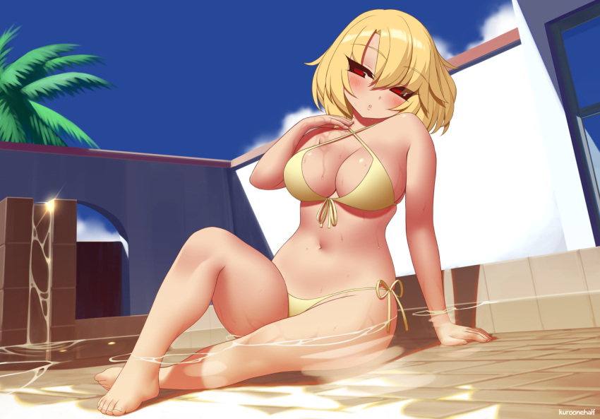 1girl artist_name bangs bare_legs bare_shoulders barefoot bikini blonde_hair blue_sky breasts commentary_request commission day eyebrows_visible_through_hair feet front-tie_bikini front-tie_top full_body hair_between_eyes hand_on_own_chest head_tilt kuroonehalf large_breasts looking_at_viewer medium_hair navel original palm_tree parted_lips pool red_eyes shallow_water side-tie_bikini sitting sky solo stomach swimsuit tree water yellow_bikini
