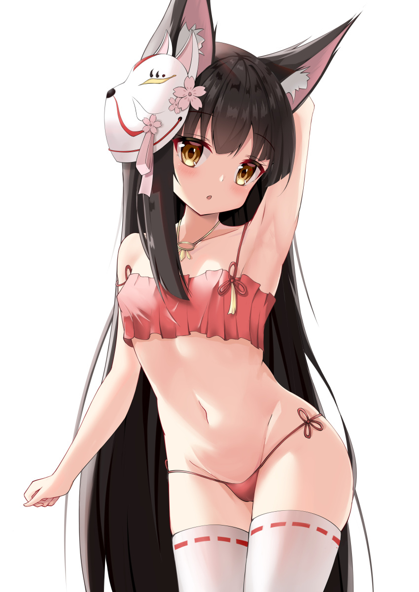 1girl :o absurdres animal_ear_fluff animal_ears arm_up armpits azur_lane bangs bare_shoulders black_hair breasts eyebrows_visible_through_hair fox_ears fox_mask highres jewelry long_hair looking_at_viewer mask mask_on_head nagato-chan nagato_(azur_lane) nagato_(great_fox's_sleepwear)_(azur_lane) navel necklace pajamas panties red_panties shadow simple_background small_breasts solo strap_slip thigh-highs underwear very_long_hair white_background white_legwear window yellow_eyes