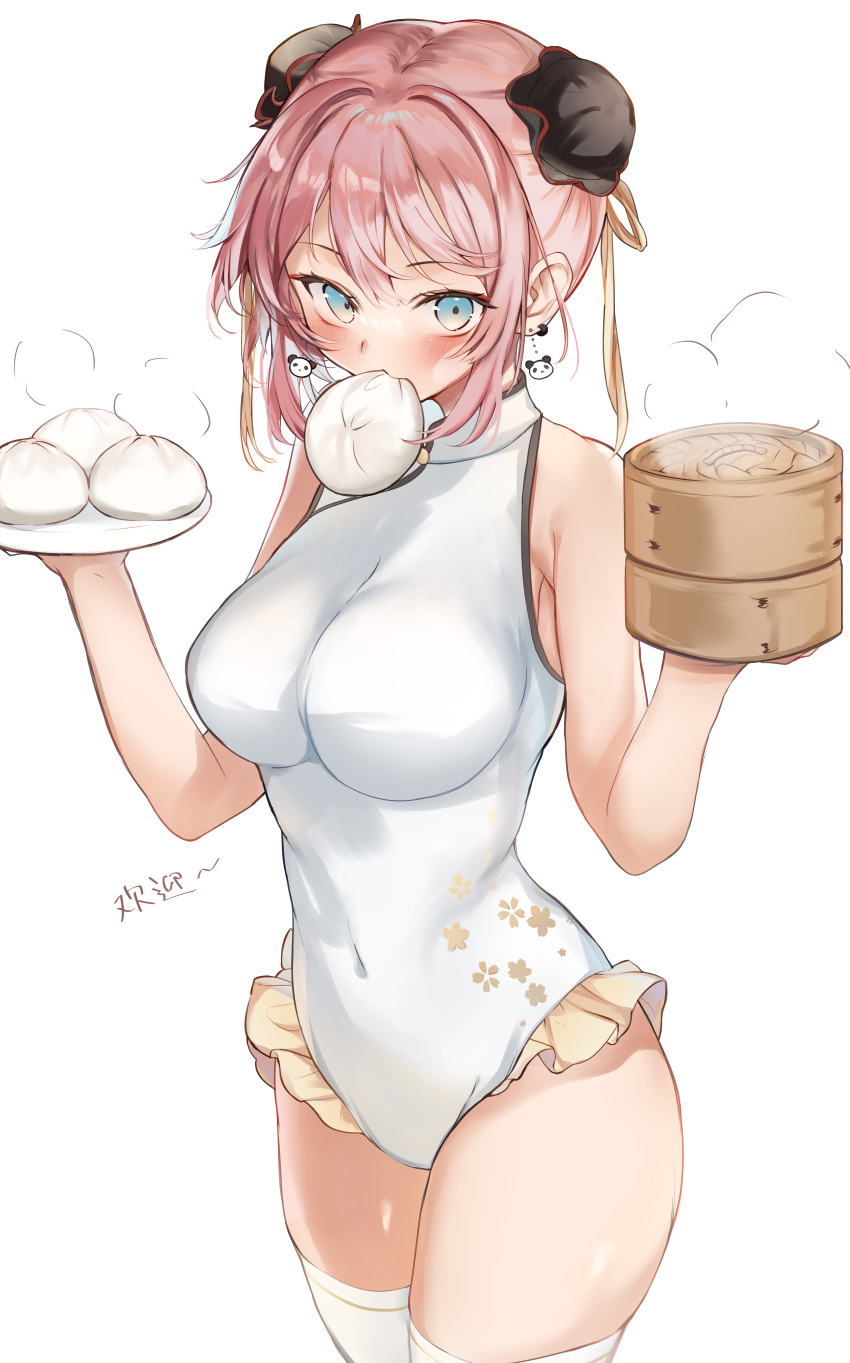 1girl absurdres bamboo_steamer bangs baozi bare_arms bare_shoulders blush breasts bun_cover commentary_request covered_navel earrings food food_in_mouth highres holding holding_food holding_plate jewelry large_breasts leotard looking_at_viewer mochi_nabe original panda_earrings pink_hair plate short_hair simple_background skindentation solo thigh-highs white_background white_legwear white_leotard