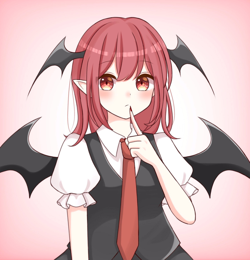 1girl bat_wings black_skirt black_vest blush breasts closed_mouth collared_shirt diamond-shaped_pupils diamond_(shape) eyebrows_visible_through_hair finger_to_mouth gradient gradient_background head_wings highres koakuma long_hair looking_at_viewer medium_breasts necktie pink_background piyoru_nico pointy_ears puffy_short_sleeves puffy_sleeves red_eyes red_neckwear redhead shirt short_sleeves simple_background skirt solo symbol-shaped_pupils symbol_commentary touhou vest white_shirt wings