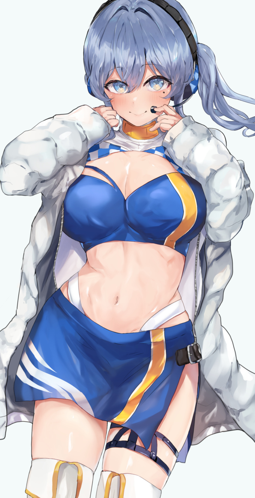 1girl absurdres bandeau blue_eyes blue_hair blue_skirt boots breasts coat cowboy_shot cropped_jacket gotland_(kantai_collection) headphones highres kantai_collection light_blue_background long_hair long_sleeves medium_breasts midriff miniskirt miyako_(00727aomiyako) mole mole_under_eye navel official_alternate_costume open_clothes open_coat pencil_skirt racequeen sidelocks simple_background skirt solo thigh-highs thigh_boots thigh_strap white_coat white_footwear