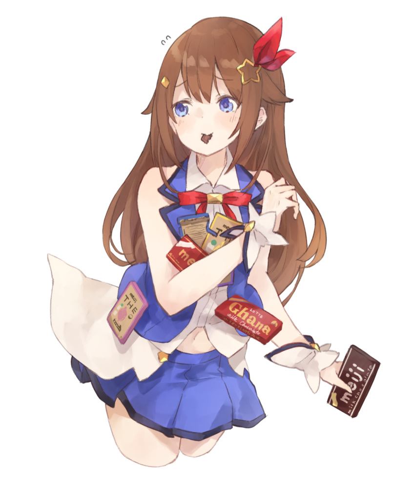 1girl blue_eyes brown_hair candy candy_bar chocolate cropped_legs eating flying_sweatdrops food hair_ornament highres holding holding_candy holding_food hololive kase_(kurimuzone_oruta) long_hair looking_to_the_side navel simple_background solo spilling star_(symbol) star_hair_ornament tokino_sora virtual_youtuber white_background wrist_cuffs