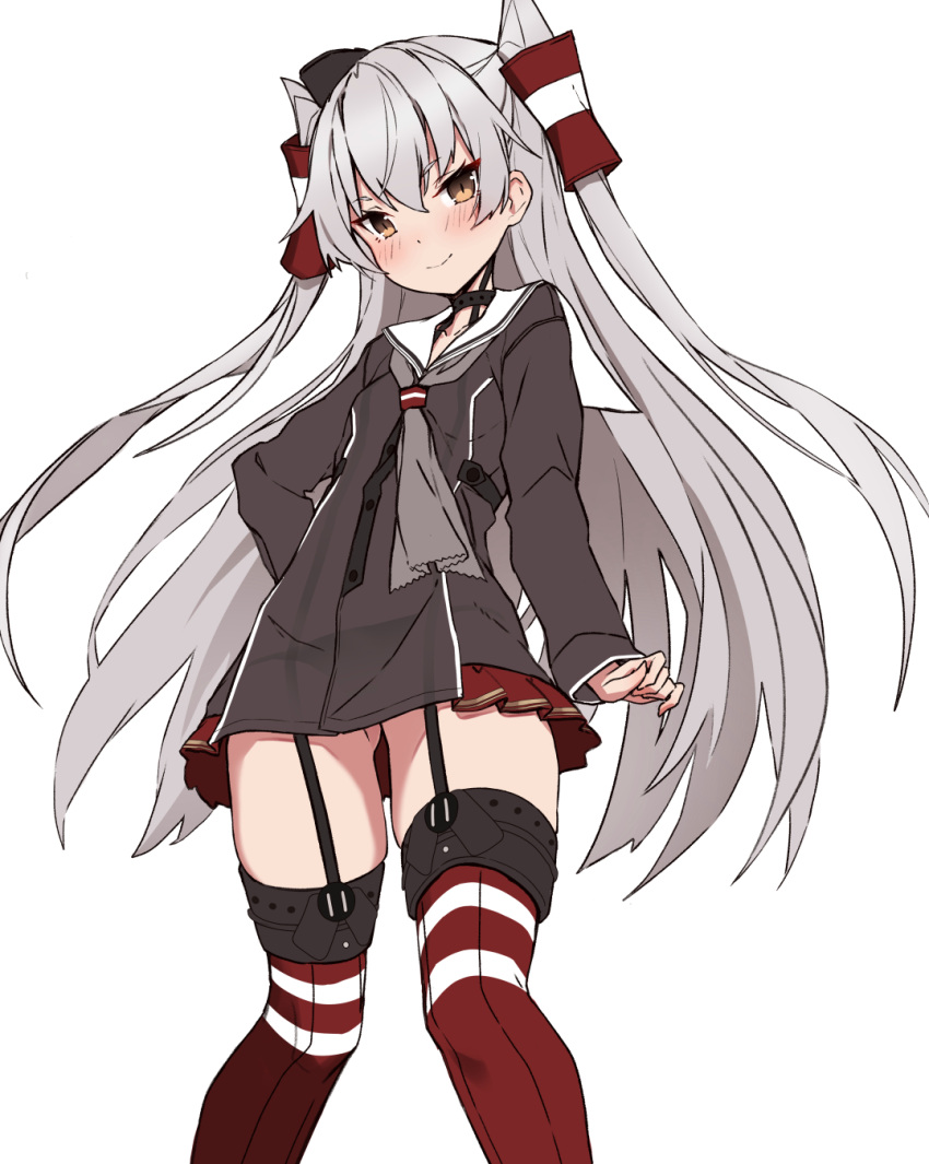 1girl amatsukaze_(kantai_collection) black_panties brown_dress commentary_request dress garter_straps hair_tubes hat highres kantai_collection lifebuoy long_hair mini_hat original_remodel_(kantai_collection) panties pleated_dress red_legwear sailor_dress see-through short_dress silver_hair simple_background smokestack_hair_ornament solo standing striped striped_legwear takanashi_kei_(hitsujikan) thigh-highs two_side_up underwear white_background windsock
