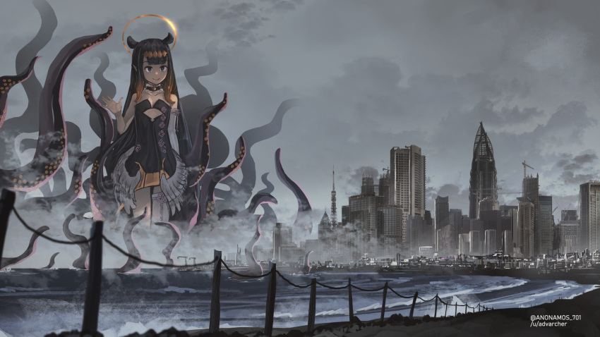 1girl anonamos bangs bare_shoulders black_choker black_dress black_hair blue_eyes building choker city clouds crane_(machine) detached_sleeves diamond_hairband dress fog frills fur-trimmed_choker giantess grey_sky halo highres hololive hololive_english long_hair ninomae_ina'nis ocean outdoors overcast pointy_ears single_detached_sleeve sky smile solo strapless strapless_dress tentacles twitter_username virtual_youtuber water