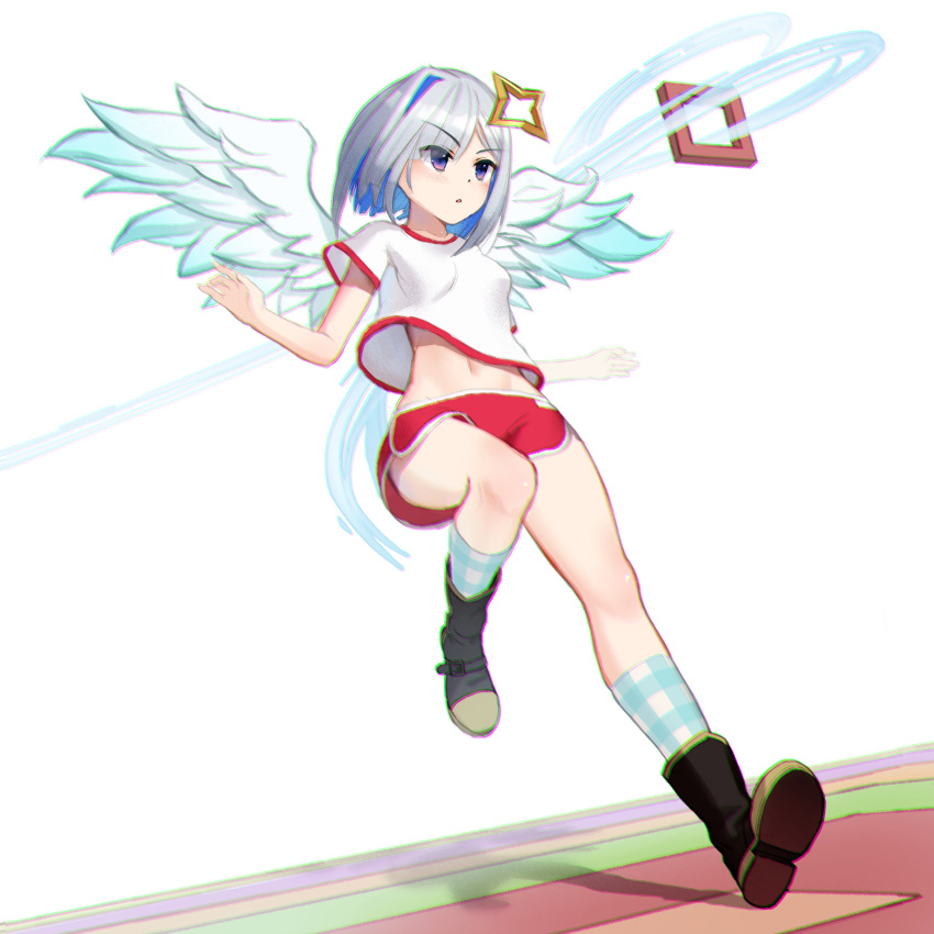1girl absurdres amane_kanata angel_wings blue_eyes blue_hair breasts chromatic_aberration colored_inner_hair commentary_request dolphin_shorts full_body gym_shorts gym_uniform halo highres hololive kep_(ahokep) looking_away midriff multicolored_hair navel red_shorts short_hair shorts silver_hair small_breasts solo standing standing_on_one_leg virtual_youtuber white_background wings