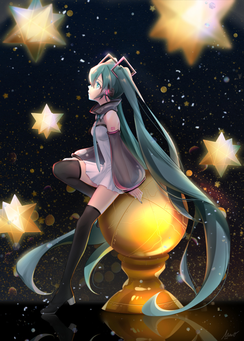 1girl alternate_costume aqua_eyes aqua_hair aqua_nails aqua_neckwear bare_shoulders black_legwear black_sleeves boots commentary detached_sleeves dress from_side full_body globe hair_ornament hatsune_miku headphones highres long_hair looking_up mamo_(fortune-mm) nail_polish necktie planet reflection see-through_sleeves shoulder_tattoo sitting sleeveless sleeveless_dress solo space star_(sky) stellated_octahedron tattoo thigh-highs thigh_boots twintails very_long_hair vocaloid white_dress zettai_ryouiki
