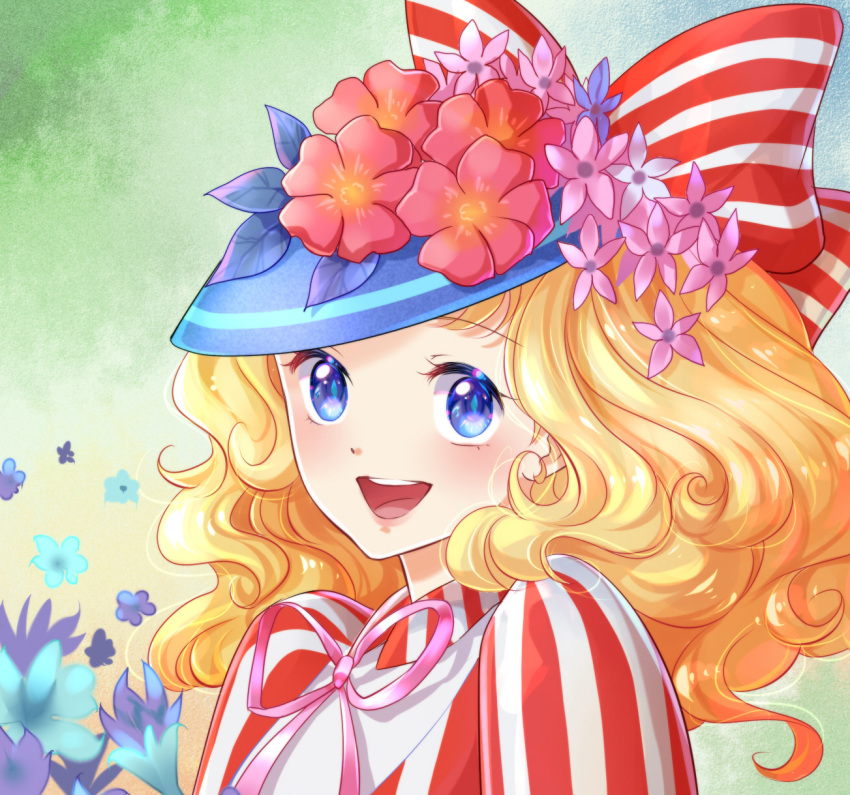 1girl :d blonde_hair blue_eyes blue_headwear bow candice_white_ardlay candy_candy day derivative_work flower green_background hat hat_bow hat_flower highres kaminary long_hair looking_at_viewer open_mouth outdoors pink_ribbon red_bow ribbon screencap_redraw shirt simple_background smile striped striped_bow striped_shirt