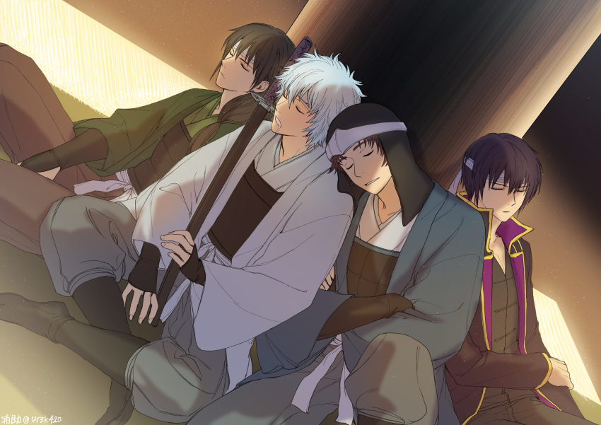 4boys bangs black_footwear black_hair black_jacket black_pants black_shirt blue_hair boots brown_pants closed_eyes closed_mouth crossed_arms drooling dutch_angle eyebrows_visible_through_hair gintama green_kimono grey_pants hair_between_eyes highres jacket japanese_clothes katana katsura_kotarou kimono leaning_on_person leaning_to_the_side long_sleeves male_focus multiple_boys open_clothes open_jacket pants sakamoto_tatsuma sakata_gintoki saliva sheath sheathed shirt sitting sleeping sleeping_on_person sword takasugi_shinsuke uraki_(tetsu420) weapon white_kimono wide_sleeves