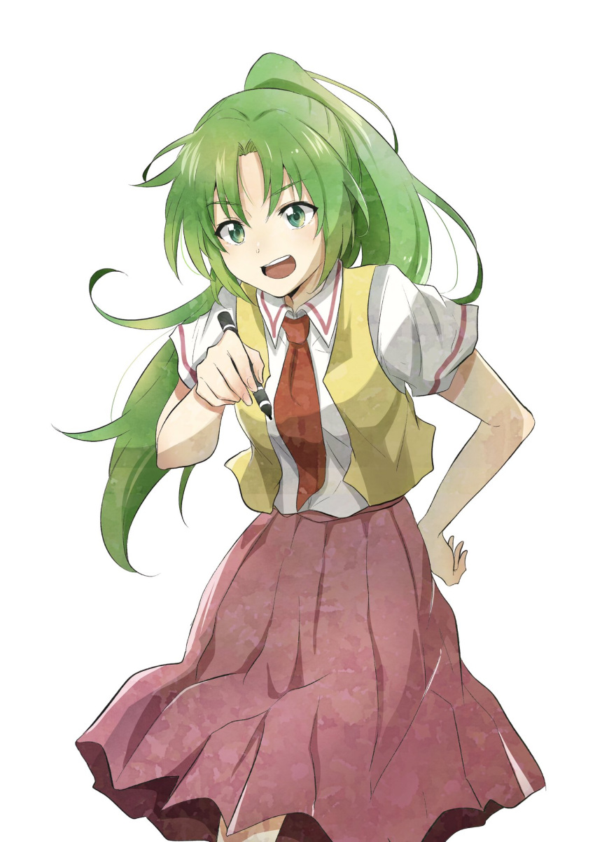 1girl green_eyes green_hair hand_on_hip highres higurashi_no_naku_koro_ni long_hair long_skirt marker necktie open_mouth ponytail red_neckwear red_skirt short_sleeves shosudo simple_background skirt solo sonozaki_mion standing upper_teeth vest white_background yellow_vest