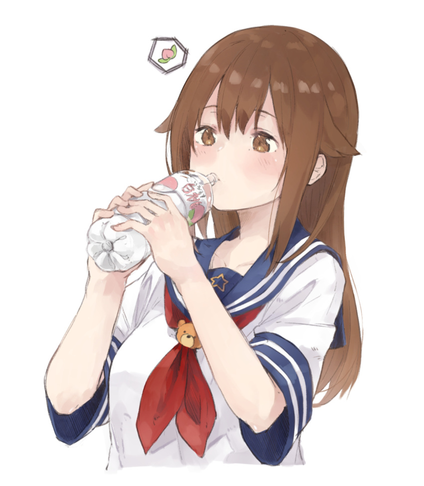 1girl alternate_eye_color ankimo_(tokino_sora) bottle breasts brown_eyes brown_hair collarbone drinking flavored_water food fruit hair_flaps hands_up highres holding holding_bottle hololive kase_(kurimuzone_oruta) large_breasts neckerchief peach plastic_bottle sailor_collar school_uniform sidelocks simple_background solo spoken_peach tokino_sora upper_body virtual_youtuber white_background younger