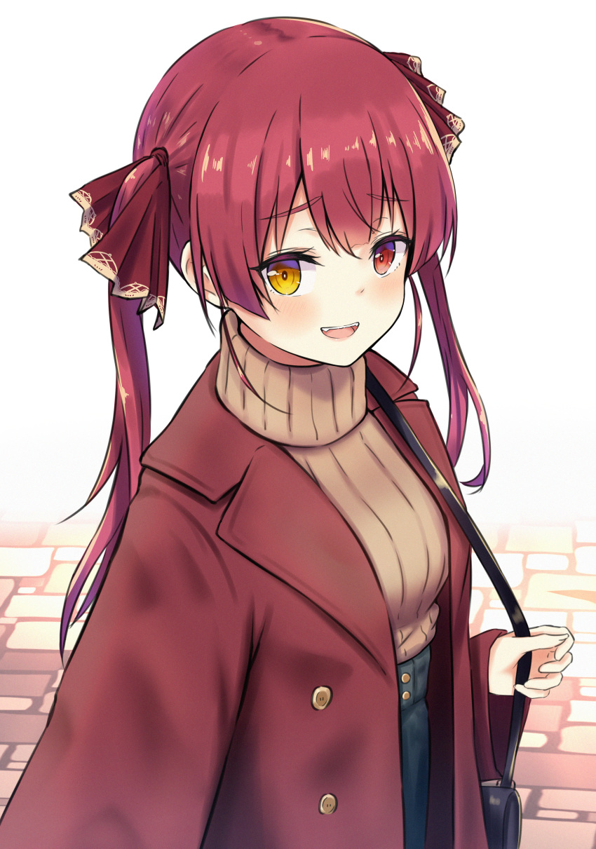 1girl :d absurdres bag bangs blush bow brown_bow brown_coat brown_sweater casual coat day eyebrows_visible_through_hair hair_bow handbag heterochromia highres hololive houshou_marine huge_filesize looking_at_viewer open_mouth outdoors pikao red_eyes ribbed_sweater smile solo standing sweater turtleneck turtleneck_sweater twintails upper_body virtual_youtuber yellow_eyes