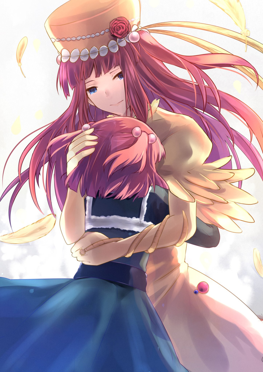 2girls anri_mike bangs blue_eyes blunt_bangs dress feather-trimmed_sleeves feathers hair_bobbles hair_ornament hand_on_another's_head hat hat_feather highres hug long_hair long_sleeves multiple_girls multiple_persona redhead short_hair short_sleeves sidelocks smile spoilers two_side_up umineko_no_naku_koro_ni ushiromiya_ange waist_hug younger