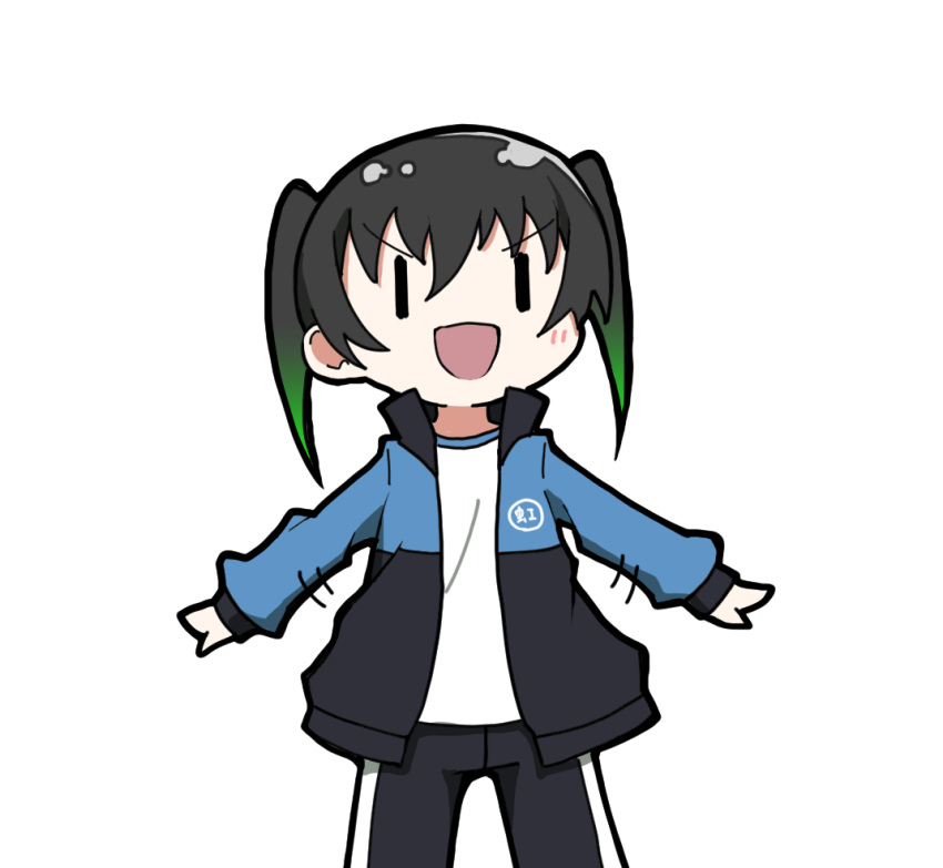 1girl bangs black_hair blue00f4 chibi coat gradient_hair green_hair hair_between_eyes jacket jersey love_live! love_live!_nijigasaki_high_school_idol_club medium_hair multicolored_hair open_clothes open_jacket open_mouth pants sportswear standing takasaki_yuu track_jacket track_suit twintails two-tone_hair