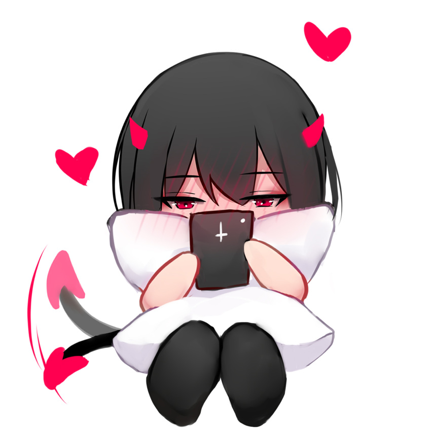 1girl black_legwear blush cellphone chibi cross demon_girl demon_horns demon_tail eyebrows_visible_through_hair full-face_blush heart highres holding holding_phone holding_pillow horns implied_yuri inverted_cross knees_up looking_at_phone original phone pillow red_eyes shimmer sitting solo tail tail_wagging