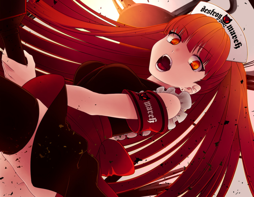 1girl angry armband black_legwear breasts ear_piercing hat holding holding_weapon konoha_(sound_voltex) long_hair medium_breasts nurse_cap open_mouth piercing red_eyes redhead shimomoto sound_voltex tagme weapon