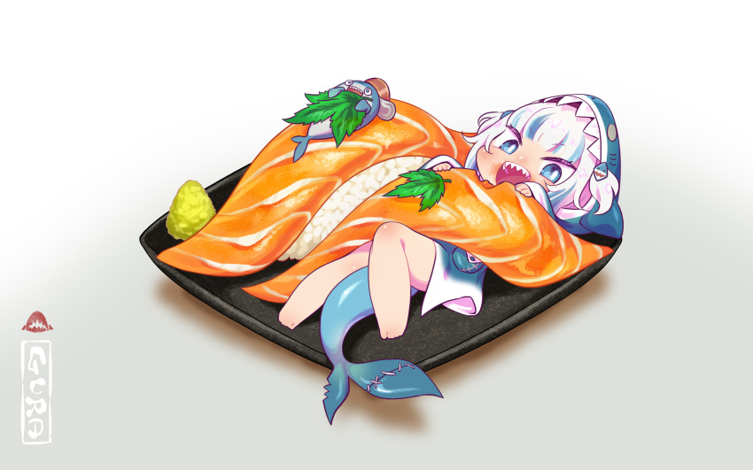 1girl animal_costume animal_hood bangs bare_legs barefoot bloop_(gawr_gura) blue_eyes blue_hair blue_hoodie blunt_bangs carrot chaki_(teasets) chibi commentary_request eating fish fish_tail food gawr_gura hair_ornament highres holding holding_food hololive hololive_english hood hoodie in_food leaf looking_at_viewer lying minigirl multicolored_hair open_mouth plate rice shark_costume shark_girl shark_hair_ornament shark_hood shark_print shark_tail sharp_teeth silver_hair sleeves_past_wrists solo streaked_hair sushi tail teeth two_side_up