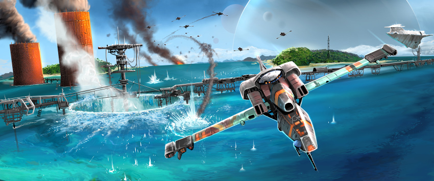 absurdres aircraft bridge drone explosion flying highres huge_filesize island no_humans ocean original planet pyraker scenery science_fiction smoke smokestack space_craft