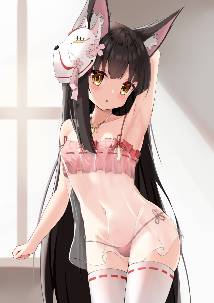 1girl :o absurdres animal_ear_fluff animal_ears arm_up armpits azur_lane bangs bare_shoulders black_hair breasts eyebrows_visible_through_hair fox_ears fox_mask highres jewelry long_hair looking_at_viewer mask mask_on_head nagato-chan nagato_(azur_lane) nagato_(great_fox's_sleepwear)_(azur_lane) navel necklace pajamas panties red_panties see-through shadow sheer_clothes small_breasts solo strap_slip thigh-highs underwear very_long_hair white_legwear window yellow_eyes