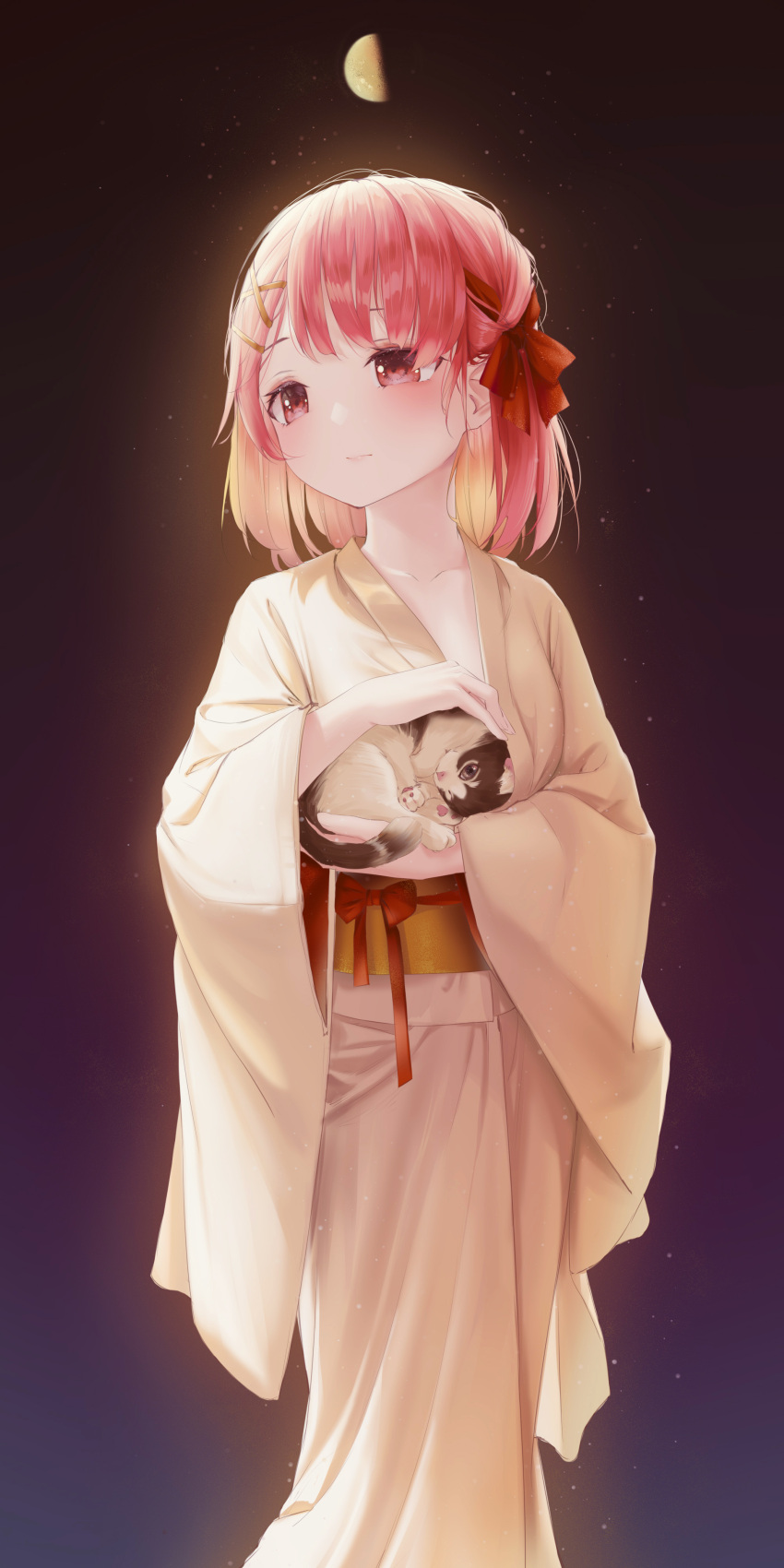 1girl absurdres amaroku_neko animal bangs brown_hair brown_kimono cat character_request collarbone commentary_request feet_out_of_frame hair_ornament hair_ribbon hairclip hanayori_jyoshiryou highres holding holding_animal japanese_clothes kano_(hanayori_jyoshiryou) kimono looking_to_the_side pink_eyes pink_hair red_ribbon ribbon short_hair solo virtual_youtuber x_hair_ornament