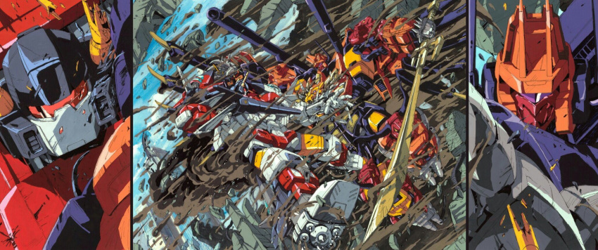 1980s_(style) 2boys arm_cannon autobot battle broken cannon clenched_hands commentary damaged decepticon duel fighting glowing gun highres holding holding_gun holding_sword holding_weapon horns machinery marble-v mecha mechanical_parts mechanical_wings multiple_boys no_humans predaking red_eyes retro_artstyle robot science_fiction smoke superion sword transformers translation_request violet_eyes visor weapon wings