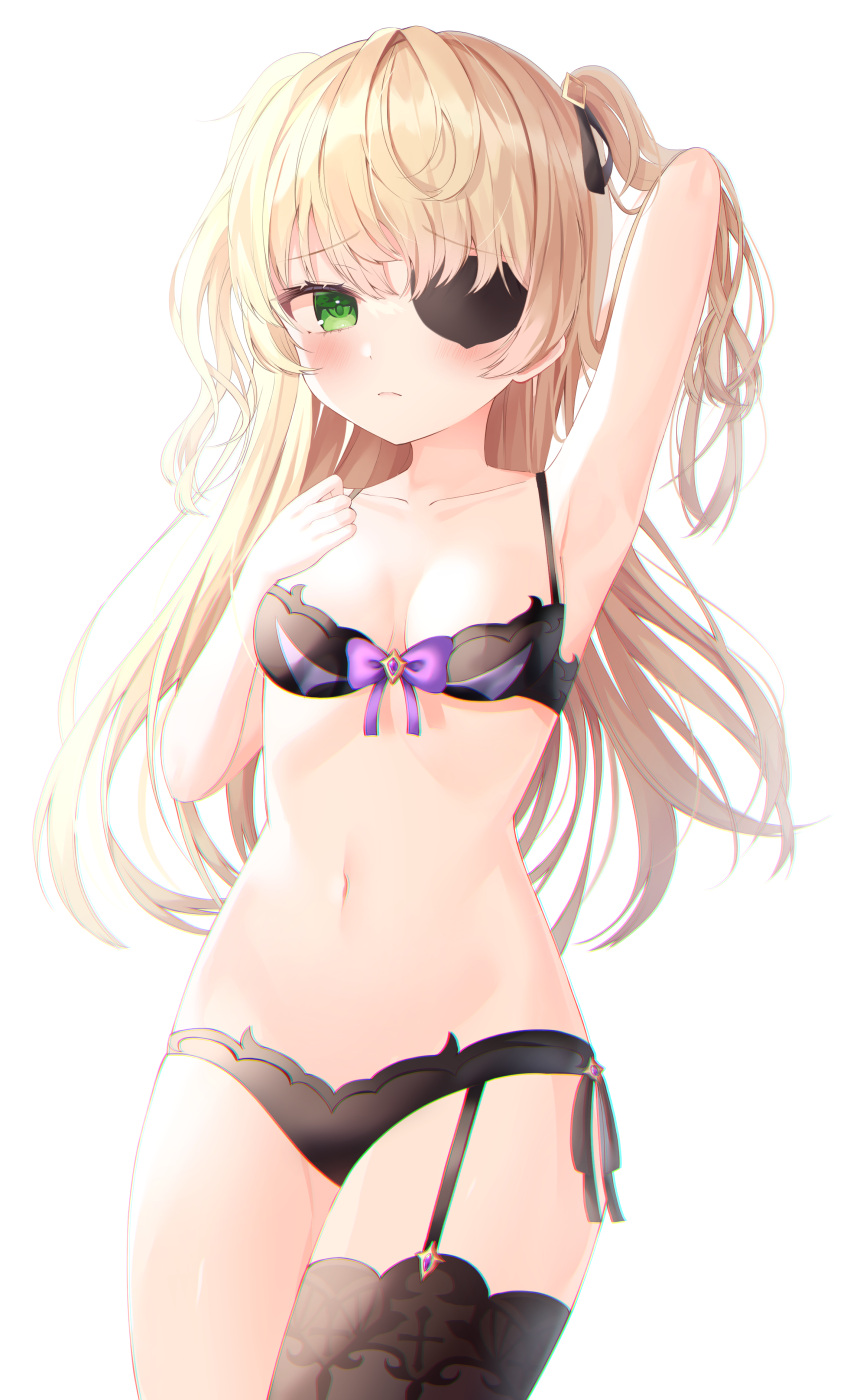1girl absurdres arm_up bangs bare_arms bare_shoulders black_bra black_eyes black_legwear black_panties blonde_hair blush bow bow_bra bra breasts closed_mouth collarbone commentary_request cowboy_shot eyepatch fischl_(genshin_impact) garter_straps genshin_impact gloves green_eyes hair_over_one_eye hair_ribbon hand_up highres long_hair looking_at_viewer medium_breasts nannung panties purple_bow ribbon side-tie_panties simple_background single_thighhigh solo thigh-highs two_side_up underwear white_background