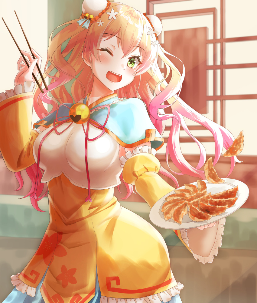 1girl ;d absurdres bell blonde_hair bun_cover chopsticks double_bun dumpling food gradient_hair green_eyes hair_ornament highres holding holding_plate hololive indoors jiaozi long_hair long_sleeves momosuzu_nene multicolored_hair one_eye_closed open_mouth pink_hair plate ritohasu_0522 smile solo standing virtual_youtuber