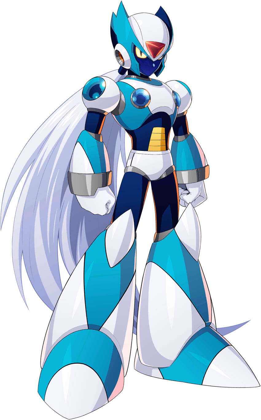 1boy alternate_color android armor blue_skin forehead_jewel gem glitch gloves helmet highres long_hair looking_at_viewer male_focus mizuno_keisuke navigator no_mouth official_art ponytail robot rockman rockman_x rockman_x1 rockman_x_dive slit_pupils solo third-party_source transparent_background very_long_hair via_(mega_man) via_(rockman) white_hair yellow_sclera