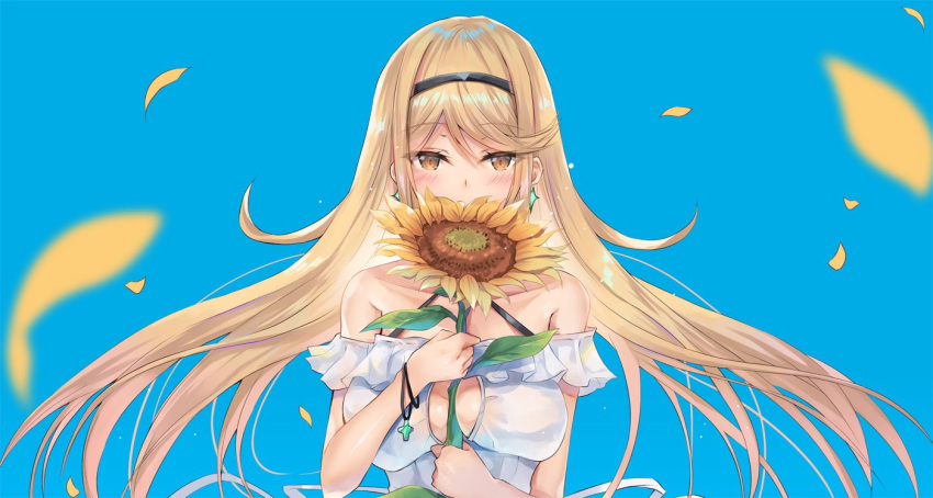 1girl alternate_hairstyle armor between_breasts blonde_hair blush breasts butt_crack cleavage_cutout clothing_cutout dress earrings hinot jewelry large_breasts long_hair mythra_(xenoblade) shy solo tiara very_long_hair xenoblade_chronicles_(series) xenoblade_chronicles_2 yellow_eyes