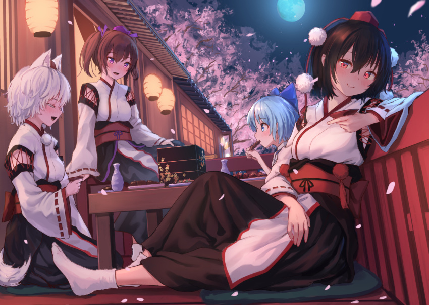 4girls :d animal_ears architecture bangs black_hair blue_bow blue_eyes blue_hair blush bow brown_hair cherry_blossoms cirno closed_eyes commentary_request cup east_asian_architecture eyebrows_visible_through_hair food full_moon hair_between_eyes hair_bow hair_ribbon hat himekaidou_hatate inubashiri_momiji kourindou_tengu_costume lantern looking_at_viewer moon multiple_girls night obentou obi open_mouth paper_lantern petals pom_pom_(clothes) purple_ribbon reclining red_eyes ribbon roke_(taikodon) sakazuki sash shameimaru_aya short_hair sitting smile tabi table tail tokin_hat touhou twintails violet_eyes white_hair white_legwear wide_sleeves wolf_ears wolf_tail