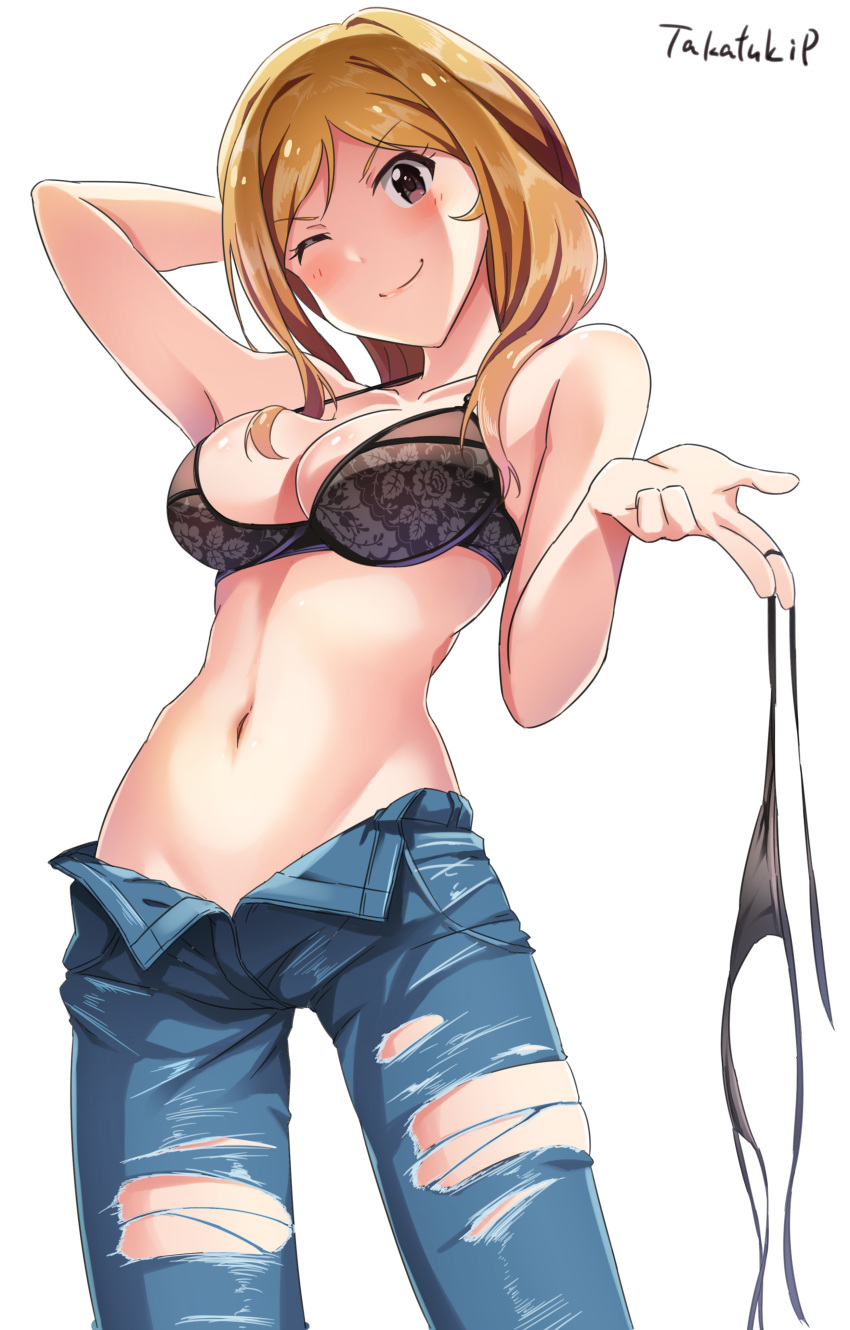 1girl absurdres arm_behind_head arm_up black_bra blonde_hair blush bra brown_eyes denim eyebrows_visible_through_hair highres holding holding_clothes holding_underwear idolmaster idolmaster_million_live! idolmaster_million_live!_theater_days jeans long_hair looking_at_viewer midriff momose_rio navel one_eye_closed open_fly panties panties_removed pants signature simple_background smile solo takatsuki_p torn_clothes torn_jeans torn_legwear torn_pants underwear white_background