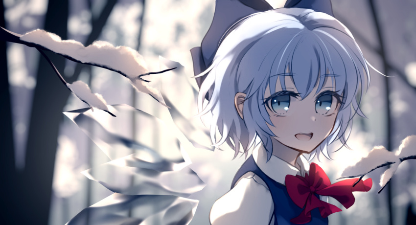 :d blue_bow blue_dress blue_eyes blue_hair blurry blurry_background bow bowtie branch cirno collared_shirt commentary_request dise dress eyebrows_visible_through_hair hair_bow ice ice_wings looking_at_viewer open_mouth puffy_short_sleeves puffy_sleeves red_bow red_neckwear shirt short_sleeves smile snow touhou tree upper_body upper_teeth wings