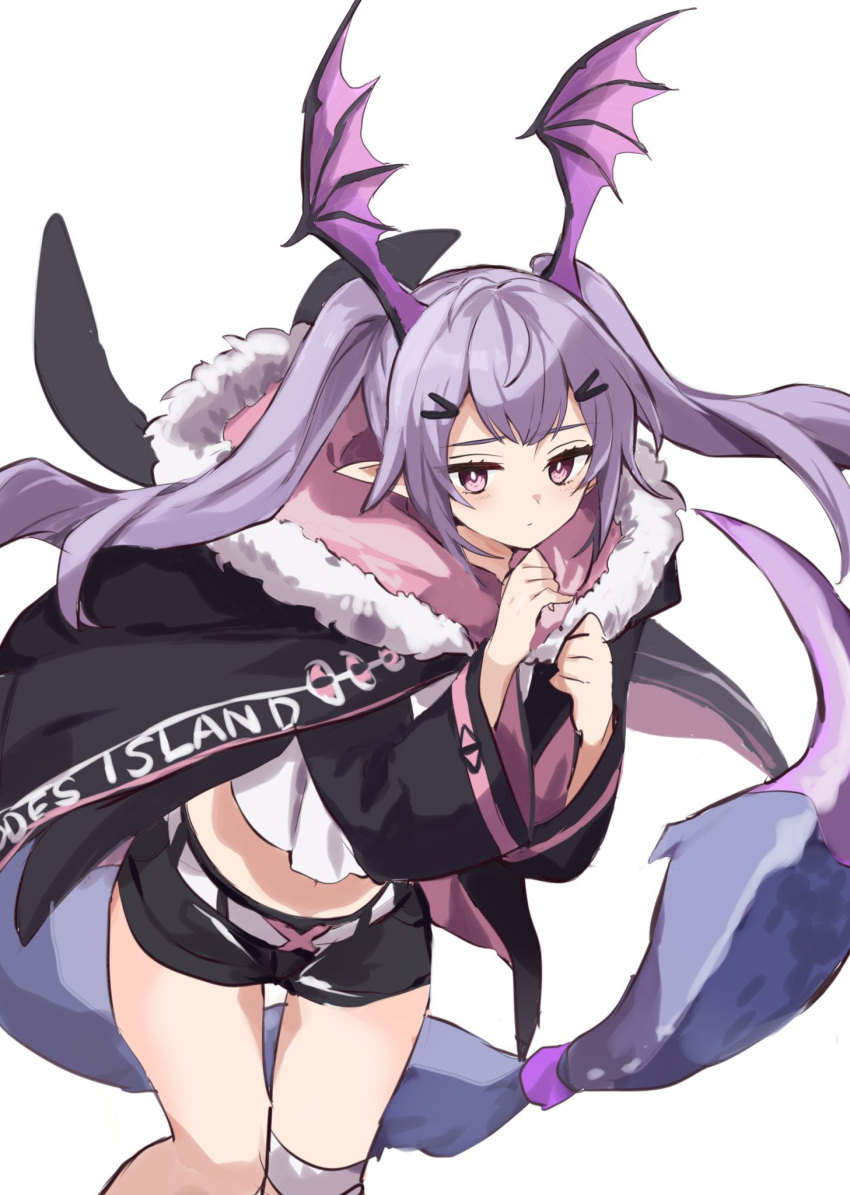 1girl arknights arms_up bandaged_leg bandages bangs bare_legs belt black_jacket black_shorts blush clenched_hands commentary crop_top feet_out_of_frame freenote_mr fur-trimmed_jacket fur_trim hair_ornament hairclip head_wings highres jacket long_hair long_sleeves manticore_(arknights) midriff pointy_ears pout purple_hair scorpion_tail shirt shorts simple_background solo tail twintails violet_eyes white_background white_belt white_shirt wide_sleeves