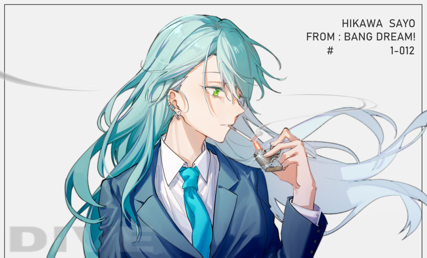 1girl aqua_hair bang_dream! character_name cigarette floating_hair formal from_side green_eyes grey_background highres lighter long_hair solo suit walluka