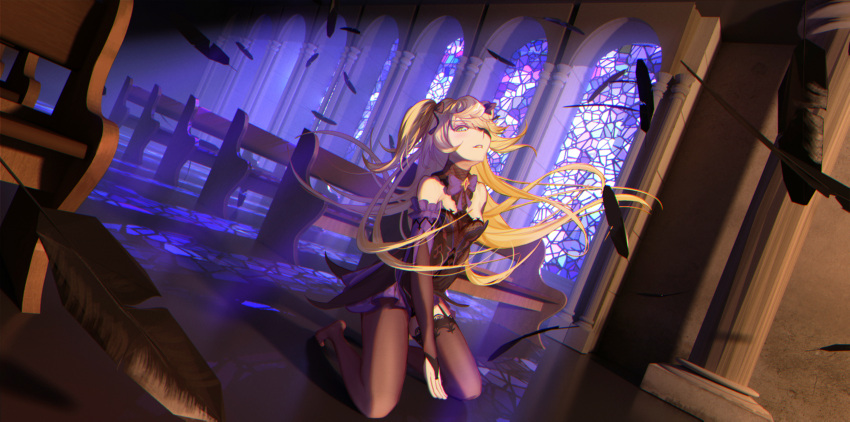 1girl arm_support bangs bare_shoulders bench black_feathers black_ribbon blonde_hair bow breasts church detached_sleeves dress facing_up feathers fischl_(genshin_impact) floating_hair fuann genshin_impact hair_ribbon highres indoors kneeling long_hair looking_at_viewer no_shoes pantyhose parted_lips purple_bow purple_dress purple_neckwear ribbon small_breasts solo stained_glass twintails