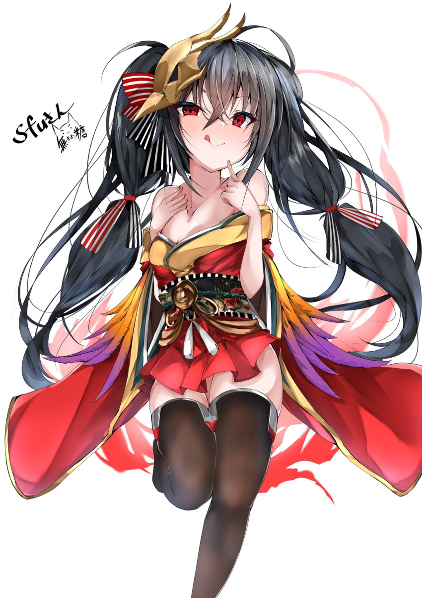 1girl ahoge azur_lane bangs black_hair black_legwear commentary_request crossed_bangs highres japanese_clothes kimono licking_lips long_hair looking_at_viewer mask mask_on_head mutou_(94753939) off-shoulder_kimono off_shoulder red_eyes red_kimono taihou_(azur_lane) thigh-highs tongue tongue_out translation_request twintails younger