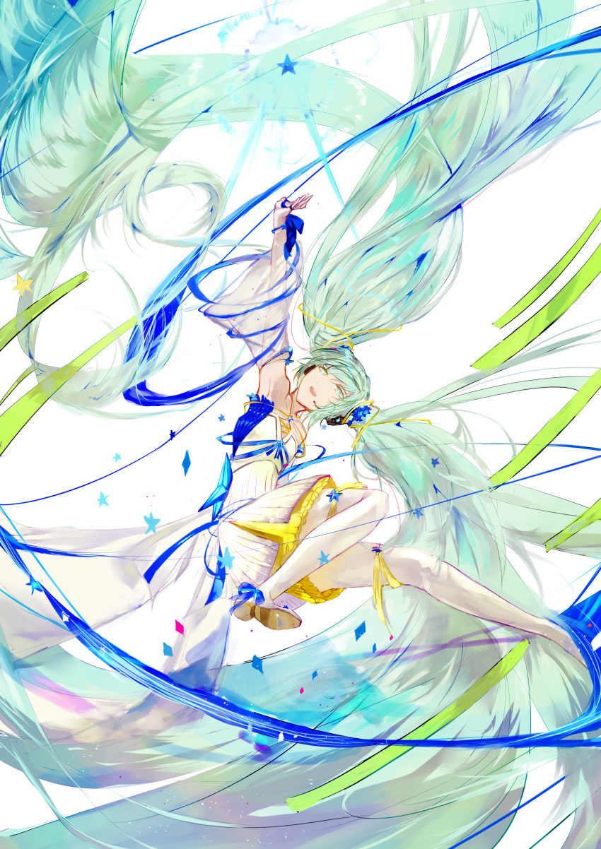 1girl absurdly_long_hair absurdres arm_up bare_shoulders blue_ribbon commentary confetti detached_sleeves dress english_commentary frilled_dress frills full_body hair_ribbon half-closed_eyes hatsune_miku highres long_hair looking_at_viewer open_mouth outstretched_arm ribbon sideways_glance sleeveless sleeveless_dress smile star_(symbol) thigh-highs very_long_hair vocaloid white_background white_dress white_legwear white_sleeves wide_sleeves yellow_ribbon yi_shui_han