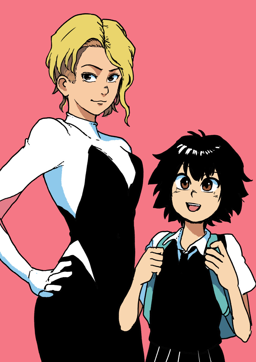 2girls :3 :d absurdres asymmetrical_hair backpack bag black_hair black_neckwear black_skirt black_vest blonde_hair blue_bag bodysuit brown_eyes chanta_(ayatakaoisii) child closed_mouth collared_shirt gwen_stacy height_difference highres looking_at_viewer multiple_girls necktie open_mouth peni_parker pink_background pleated_skirt shirt short_hair short_sleeves simple_background skirt smile spider-man:_into_the_spider-verse spider-man_(series) standing upper_teeth vest white_shirt wing_collar