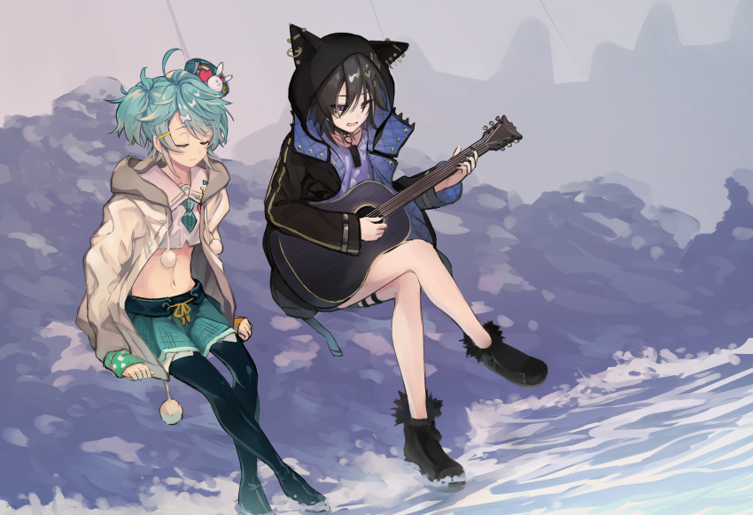 2boys absurdres acoustic_guitar animal_hood black_footwear black_hair black_legwear boots closed_eyes closed_mouth crop_top green_hair green_skirt guitar hair_ornament hairclip hand_print highres holding holding_instrument holostars hood hood_up instrument jacket kagami_kira kanade_izuru long_sleeves male_focus multiple_boys music ohita_hio open_mouth otoko_no_ko playing_instrument purple_shirt shirt sitting skirt smile thigh-highs thigh_boots violet_eyes virtual_youtuber water