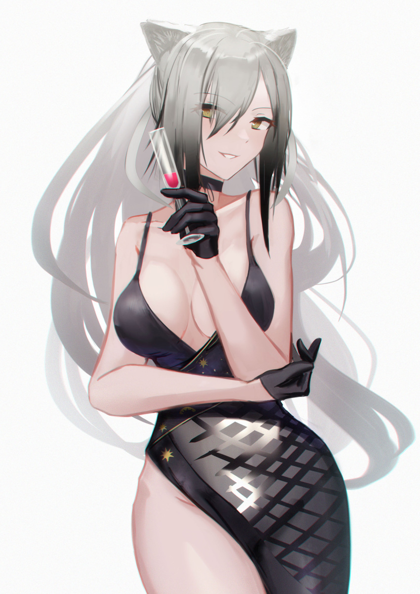 1girl absurdres animal_ears arknights bangs black_dress black_gloves breasts cat_ears champagne_flute commentary_request cowboy_shot cup dress drinking_glass eyebrows_visible_through_hair gloves grey_background grey_eyes grin groin hair_over_one_eye hand_up highres holding holding_cup lodbyy long_hair looking_at_viewer medium_breasts partial_commentary schwarz_(arknights) silver_hair simple_background smile solo spaghetti_strap standing very_long_hair