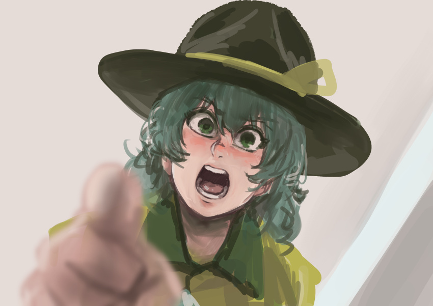 1girl absurdres angry black_headwear blurry blurry_foreground blush chanta_(ayatakaoisii) depth_of_field full_metal_jacket green_eyes green_hair hat highres komeiji_koishi open_mouth pointing pointing_at_viewer sgt_hartman simple_background solo touhou white_background