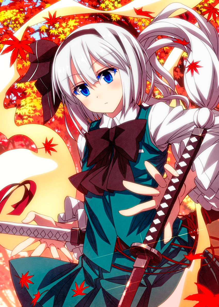 1girl autumn autumn_leaves bangs black_bow black_hairband black_neckwear black_ribbon blue_eyes blush bow bowtie closed_mouth colored_eyelashes commentary_request cowboy_shot day dual_wielding eyebrows_visible_through_hair falling_leaves frilled_sleeves frills glint green_skirt green_vest hair_ribbon hairband highres hitodama holding holding_sword holding_weapon katana konpaku_youmu konpaku_youmu_(ghost) leaf long_sleeves looking_at_viewer maple_leaf outdoors ribbon sazanami_mio shirt short_hair silver_hair skirt solo sword touhou vest weapon white_shirt