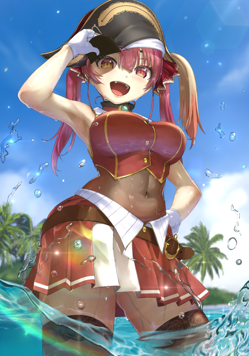 1girl :d armpits ascot belt bicorne black_headwear black_legwear blue_sky blush bodystocking breasts brooch clouds cloudy_sky commentary covered_navel cowboy_shot day droplet eyepatch eyepatch_lift fangs gloves hair_between_eyes hand_on_hip hat heterochromia highres hololive houshou_marine jewelry lens_flare looking_at_viewer medium_breasts medium_hair miniskirt open_mouth outdoors pirate_hat pleated_skirt red_eyes red_neckwear red_skirt red_vest redhead skirt sky sleeveless smile solo sunlight thigh-highs thighs tree twintails vest virtual_youtuber wading wankosukii water wet white_gloves yellow_eyes