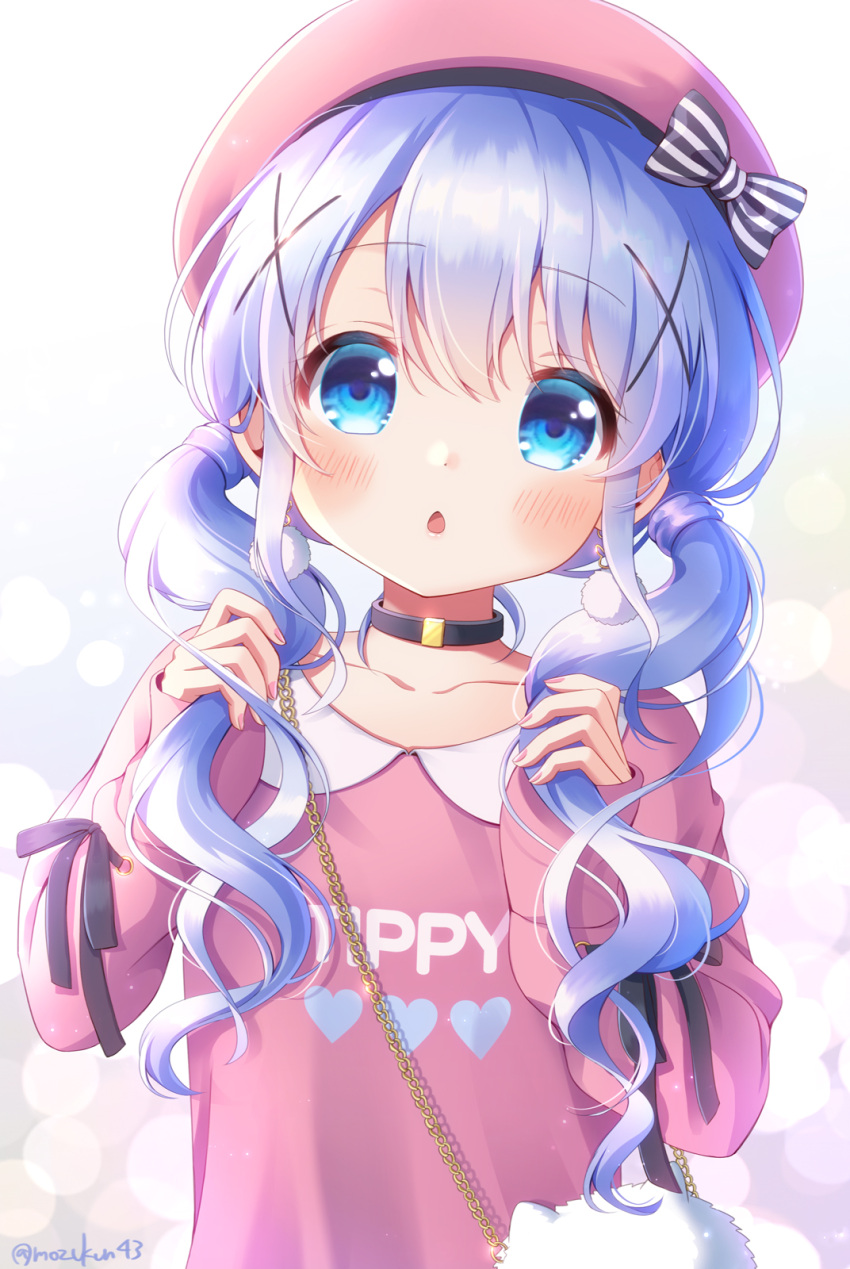 1girl alternate_costume alternate_hairstyle artist_name blue_eyes blue_hair blush choker collarbone earrings eyebrows_visible_through_hair gochuumon_wa_usagi_desu_ka? hair_ornament highres jewelry kafuu_chino long_hair long_sleeves looking_at_viewer low_twintails mozukun43 parted_lips sleeves_past_wrists solo twintails twitter_username upper_body wavy_hair x_hair_ornament