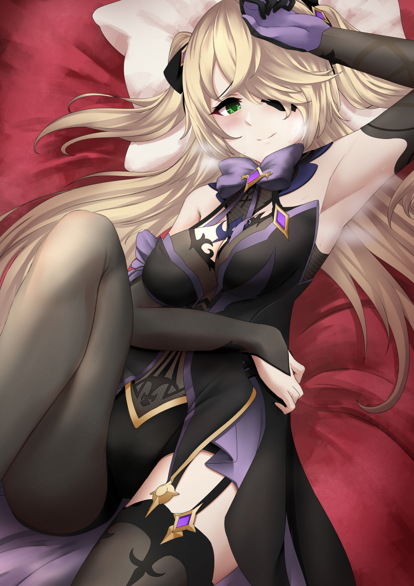 1girl absurdres armpits arturaxia bed_sheet black_gloves blonde_hair blush bow bowtie breasts bridal_gauntlets brooch dress elbow_gloves eyepatch fischl_(genshin_impact) garter_straps genshin_impact gloves green_eyes grey_legwear hand_to_forehead highres jewelry leg_up leotard long_hair looking_at_viewer lying medium_breasts on_back on_bed pantyhose pillow purple_bow single_bridal_gauntlet single_elbow_glove single_leg_pantyhose solo strapless strapless_dress thigh-highs thighs two_side_up very_long_hair